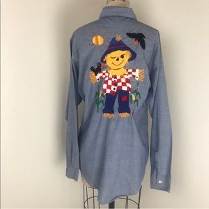 Vintage Blue Fall Theme Embroidered Button Down